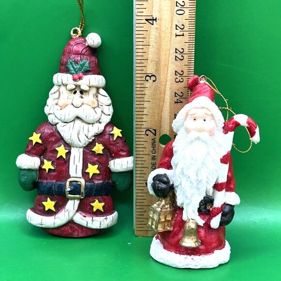 Set 2 Vintage Santa Ornaments Resin Folk Art Stars Candy Cane Christmas Holiday - Picture 2 of 9